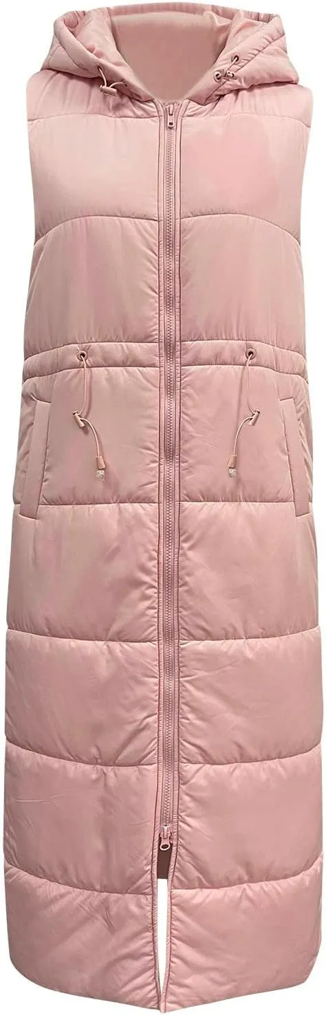 Women's Long Quilted Vest Coat Hooded Maxi Length Sleeveless Puffer Vest Padded Coat Winter Vest Outerwear