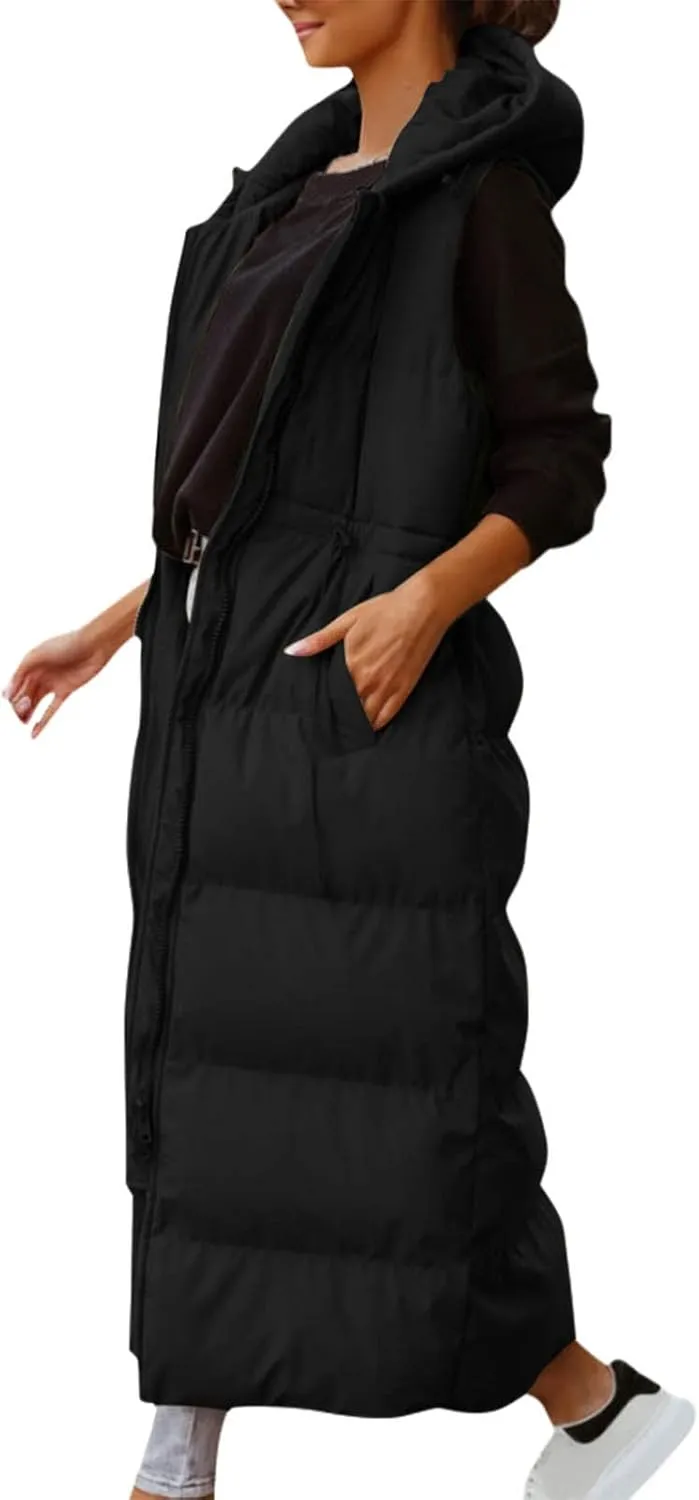 Women's Long Quilted Vest Coat Hooded Maxi Length Sleeveless Puffer Vest Padded Coat Winter Vest Outerwear