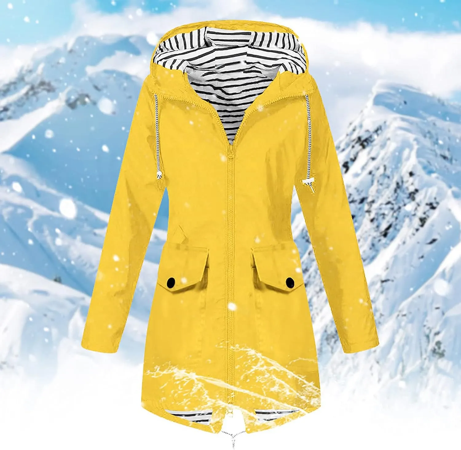 Womens Long Rain Jacket Lightweight Waterproof Windproof Rain Coat Drawstring Zip Up Windbreaker Outdoor Trench Coat