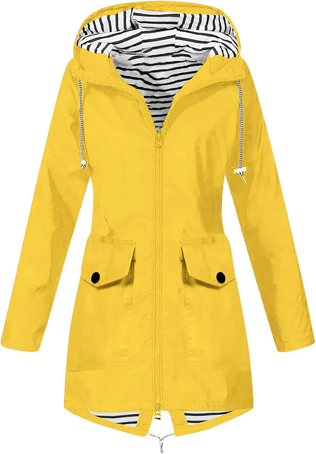 Womens Long Rain Jacket Lightweight Waterproof Windproof Rain Coat Drawstring Zip Up Windbreaker Outdoor Trench Coat