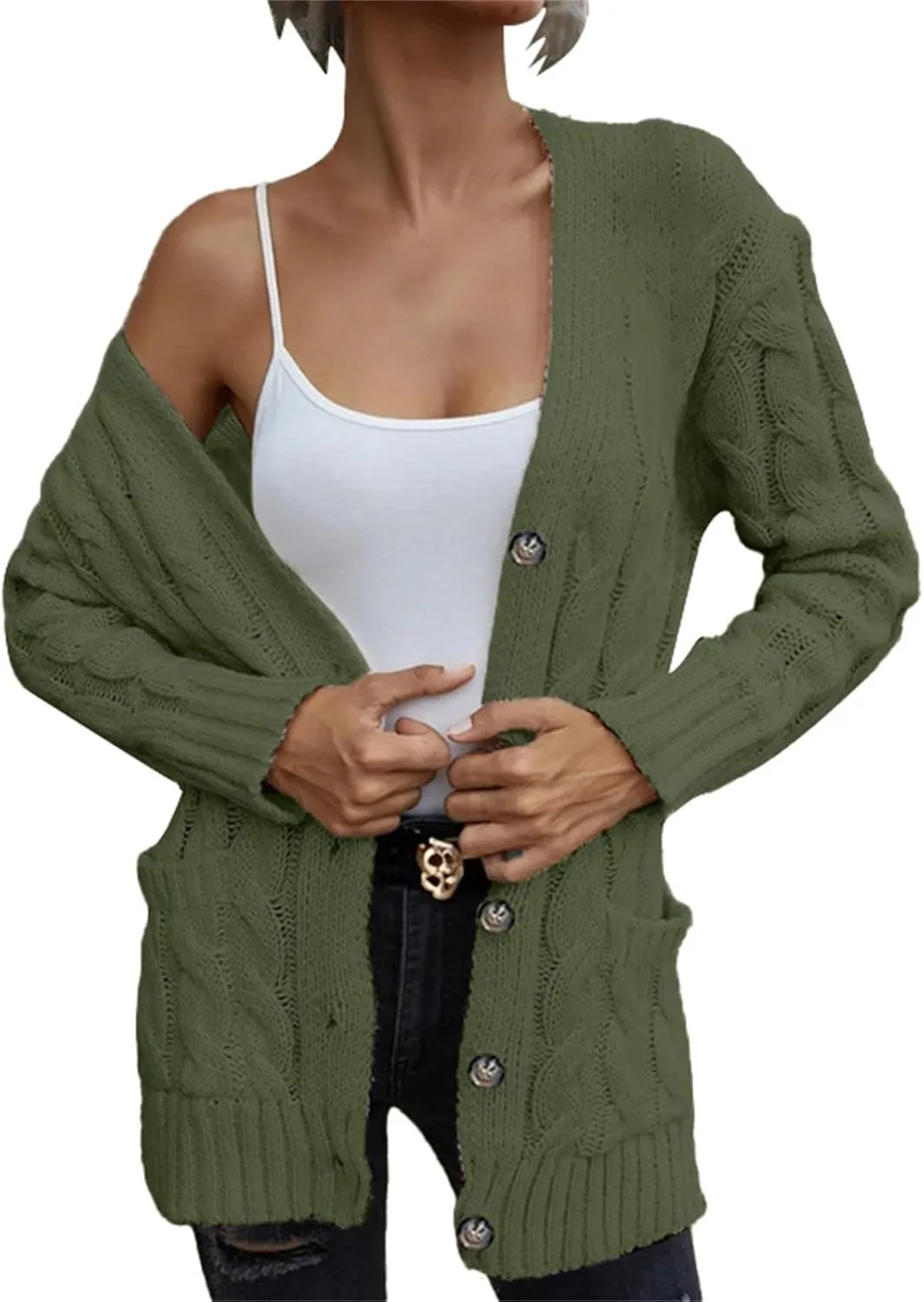 Women's Long Sleeve Oversized Cable Knit Sweater Cardigan Fall Open Front Button Down Chunky Knit Outwear