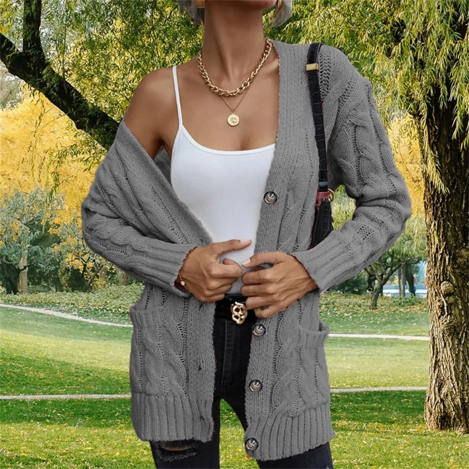 Women's Long Sleeve Oversized Cable Knit Sweater Cardigan Fall Open Front Button Down Chunky Knit Outwear