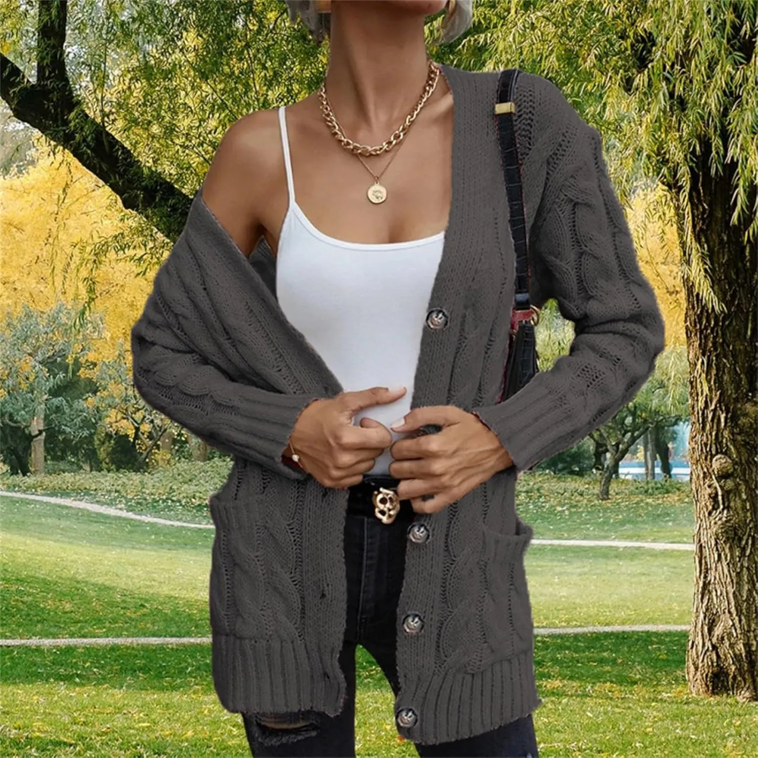 Women's Long Sleeve Oversized Cable Knit Sweater Cardigan Fall Open Front Button Down Chunky Knit Outwear