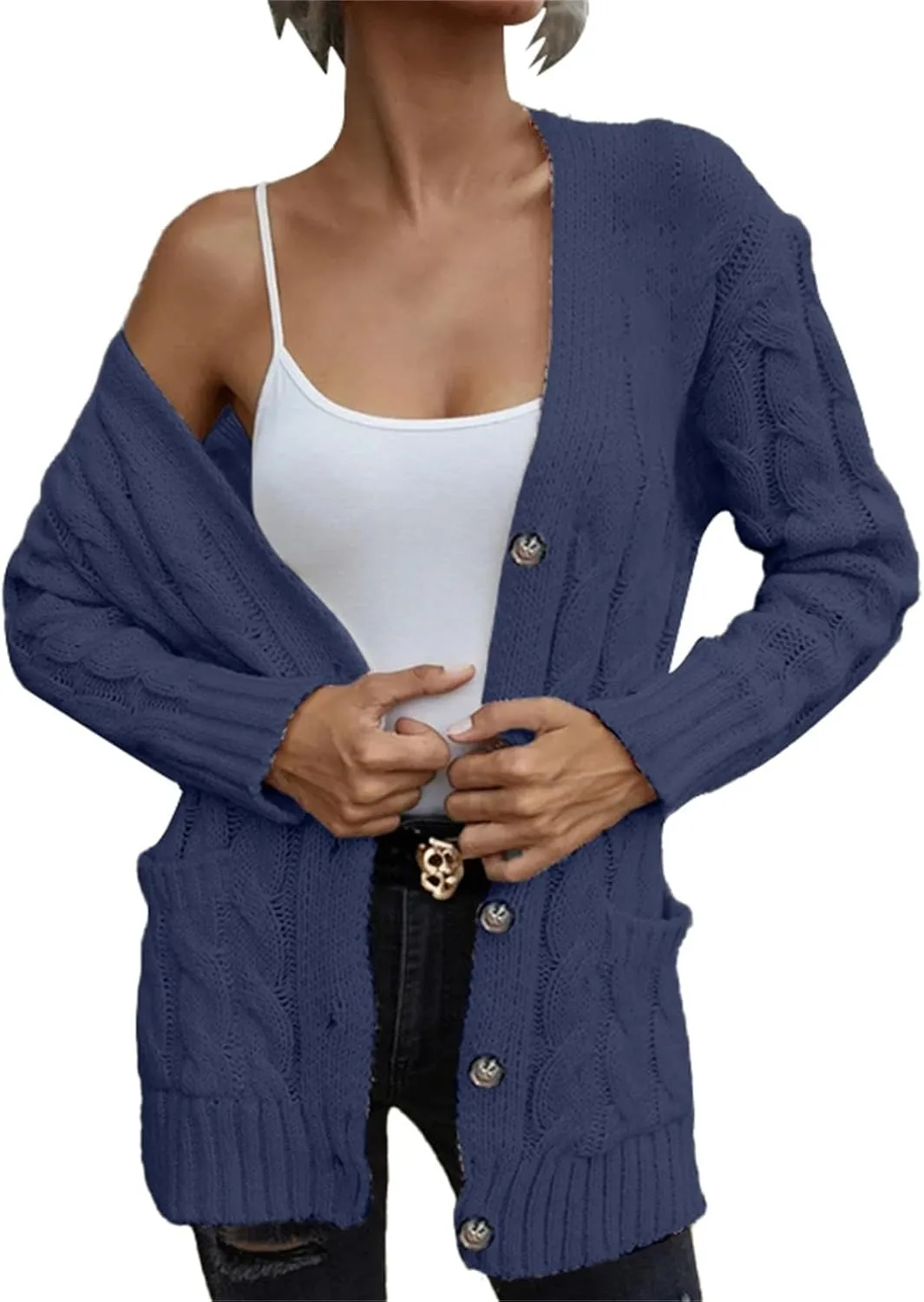 Women's Long Sleeve Oversized Cable Knit Sweater Cardigan Fall Open Front Button Down Chunky Knit Outwear