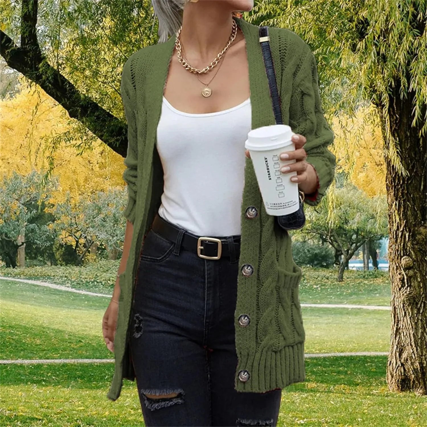 Women's Long Sleeve Oversized Cable Knit Sweater Cardigan Fall Open Front Button Down Chunky Knit Outwear