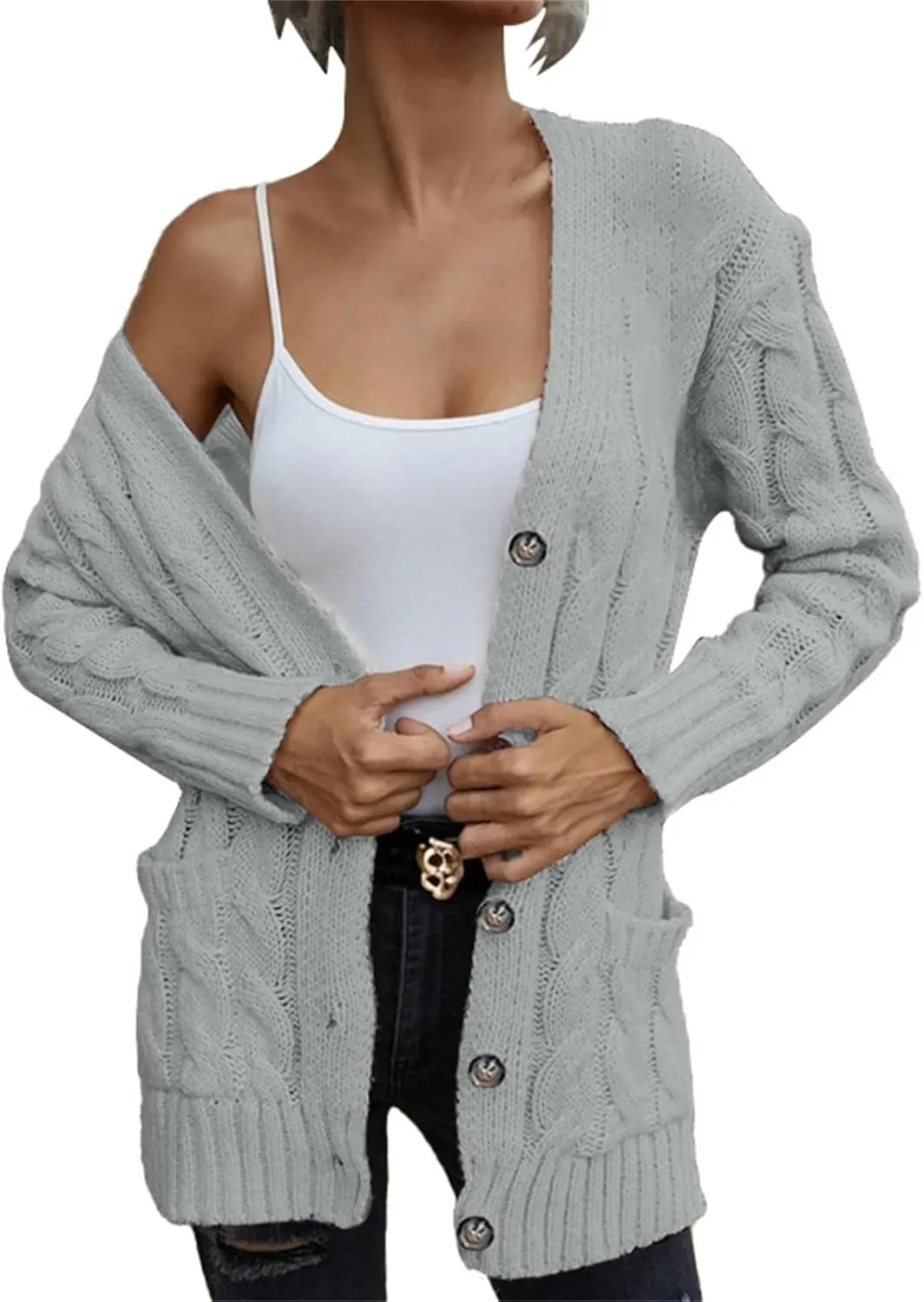 Women's Long Sleeve Oversized Cable Knit Sweater Cardigan Fall Open Front Button Down Chunky Knit Outwear