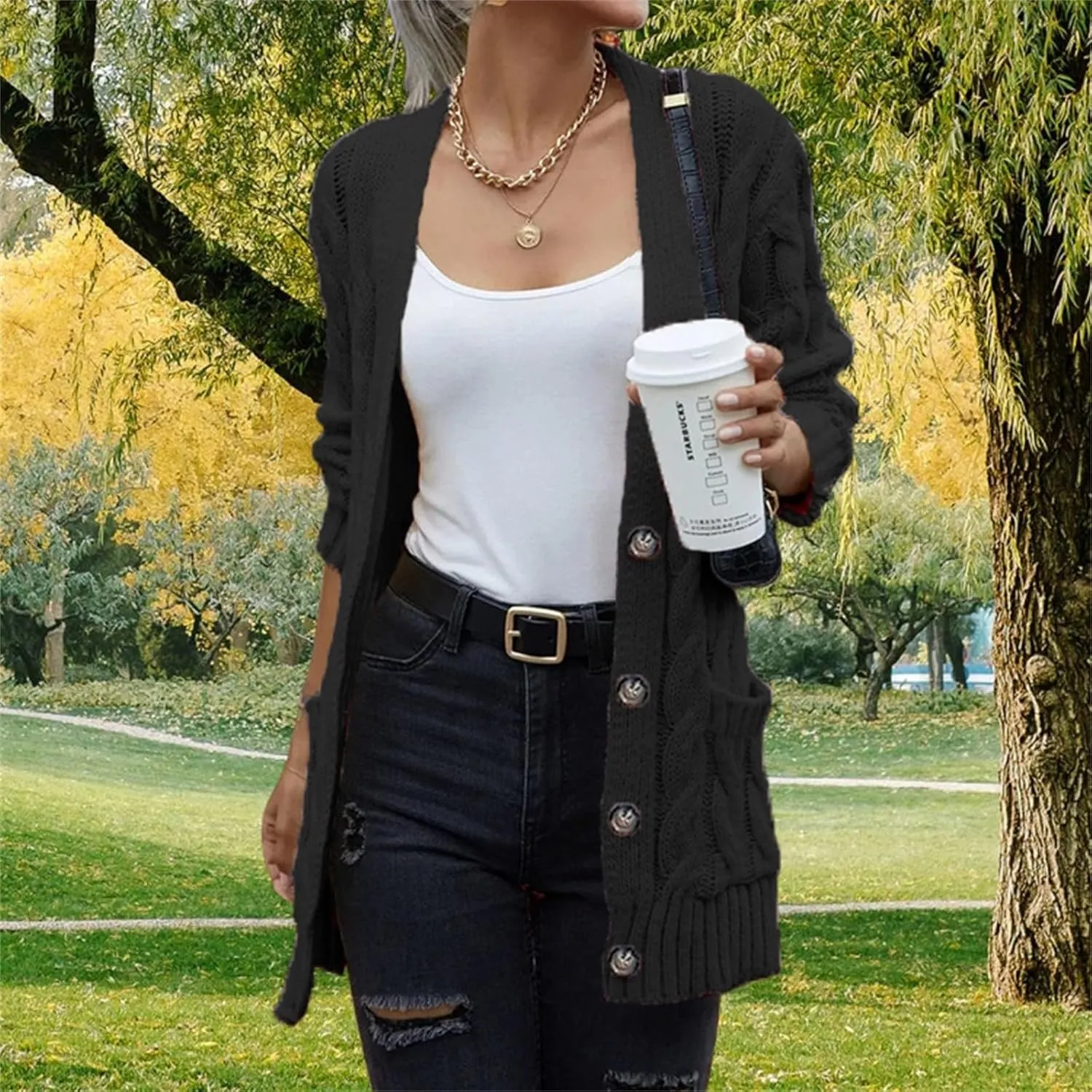 Women's Long Sleeve Oversized Cable Knit Sweater Cardigan Fall Open Front Button Down Chunky Knit Outwear