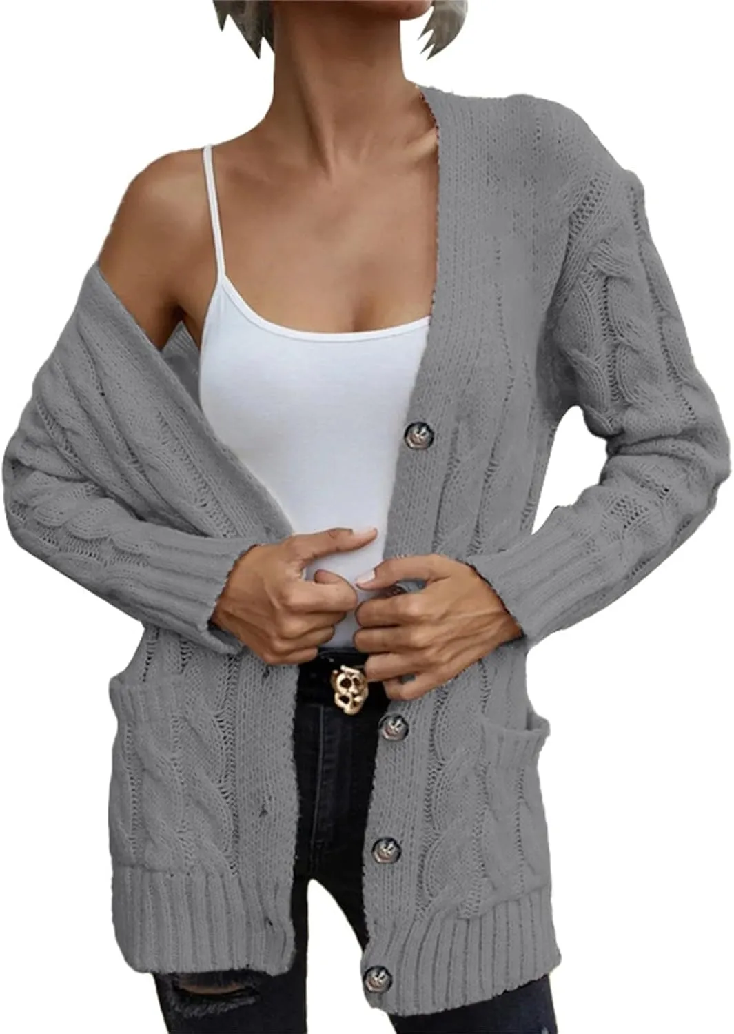 Women's Long Sleeve Oversized Cable Knit Sweater Cardigan Fall Open Front Button Down Chunky Knit Outwear