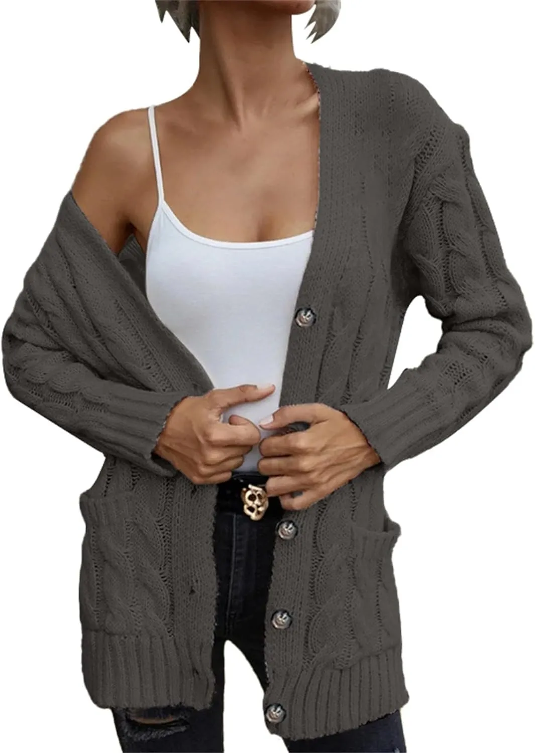 Women's Long Sleeve Oversized Cable Knit Sweater Cardigan Fall Open Front Button Down Chunky Knit Outwear