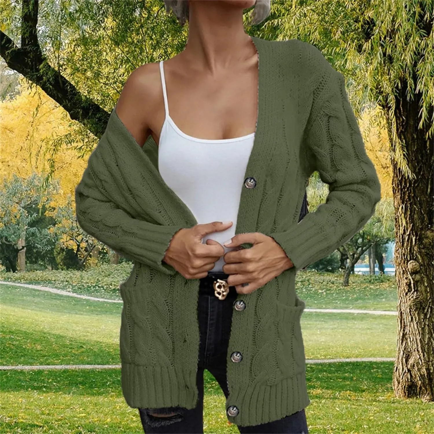 Women's Long Sleeve Oversized Cable Knit Sweater Cardigan Fall Open Front Button Down Chunky Knit Outwear