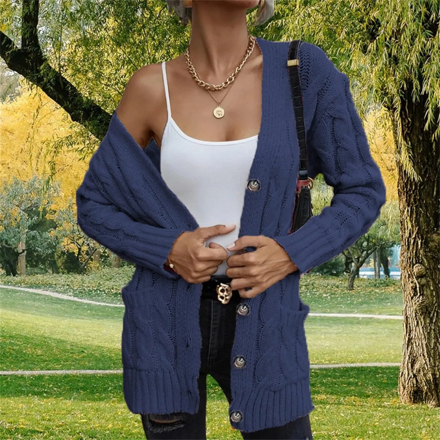 Women's Long Sleeve Oversized Cable Knit Sweater Cardigan Fall Open Front Button Down Chunky Knit Outwear