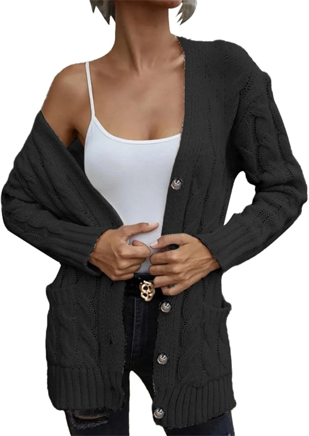 Women's Long Sleeve Oversized Cable Knit Sweater Cardigan Fall Open Front Button Down Chunky Knit Outwear