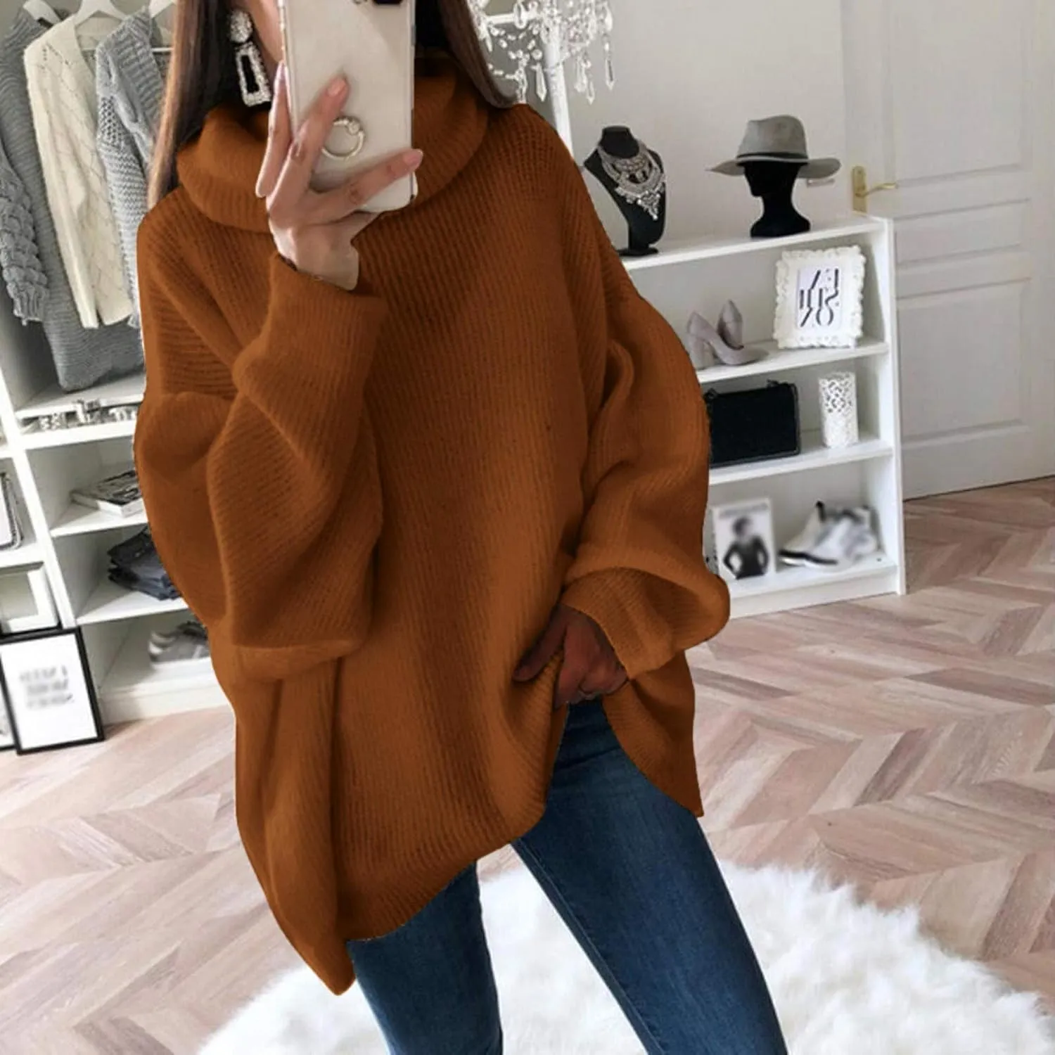 Womens Long Sleeve Turtleneck Sweaters Oversized Knit Loose Pullover Tunic Tops Knitted Pullover Jumper Sweater Shirts