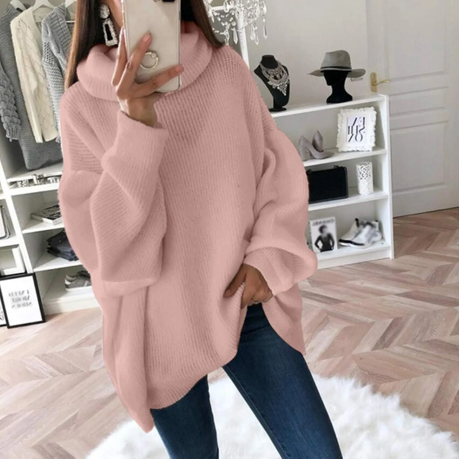 Womens Long Sleeve Turtleneck Sweaters Oversized Knit Loose Pullover Tunic Tops Knitted Pullover Jumper Sweater Shirts