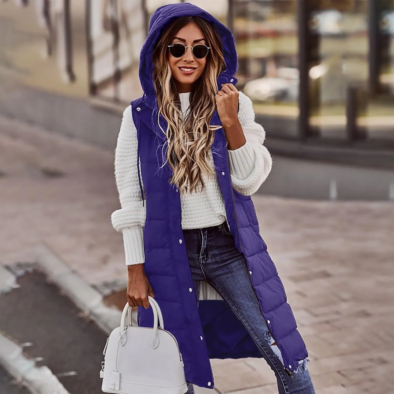 Women's Long Vest Sleeveless Lightweight Puffer Jacket Packable Hooded Down Coat Quilted Vest with Hood Winter