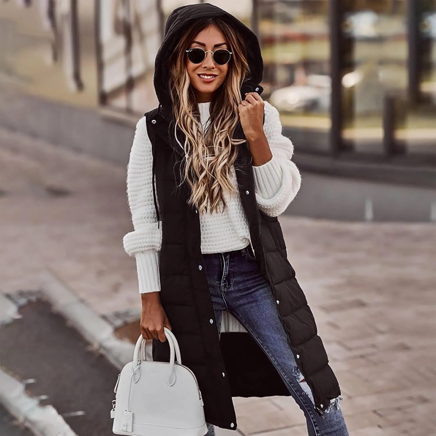 Women's Long Vest Sleeveless Lightweight Puffer Jacket Packable Hooded Down Coat Quilted Vest with Hood Winter
