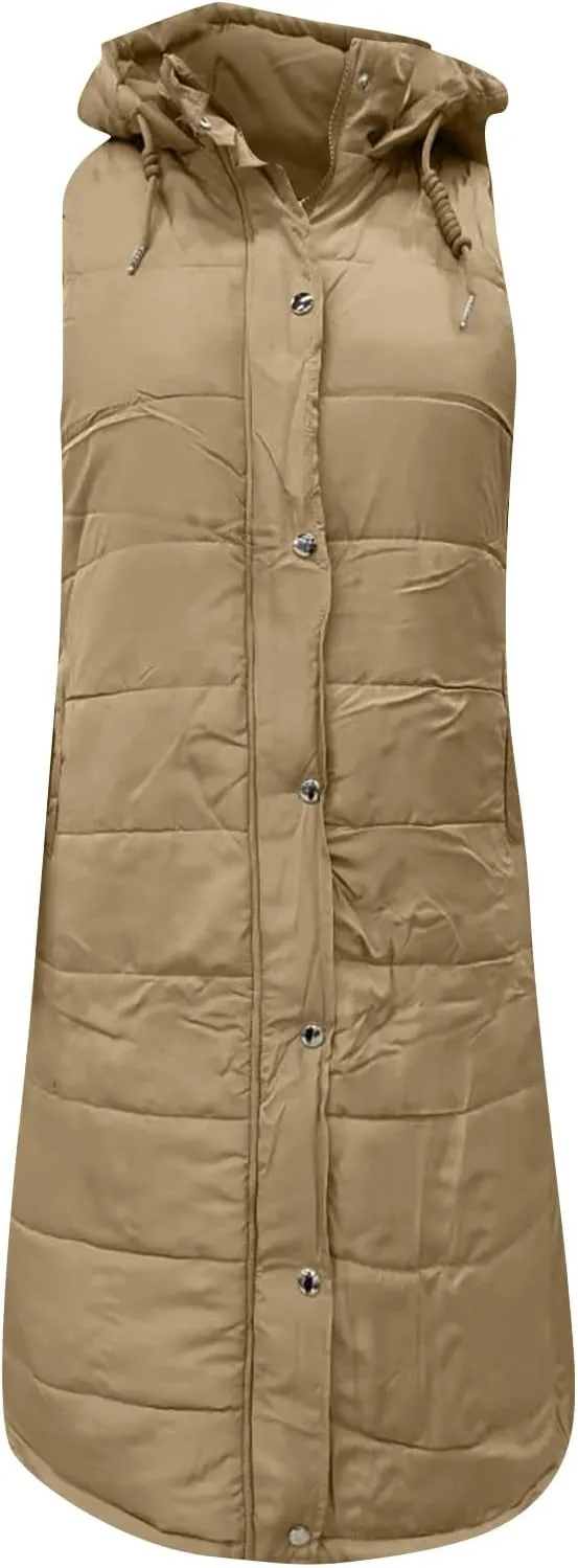 Women's Long Vest Sleeveless Lightweight Puffer Jacket Packable Hooded Down Coat Quilted Vest with Hood Winter