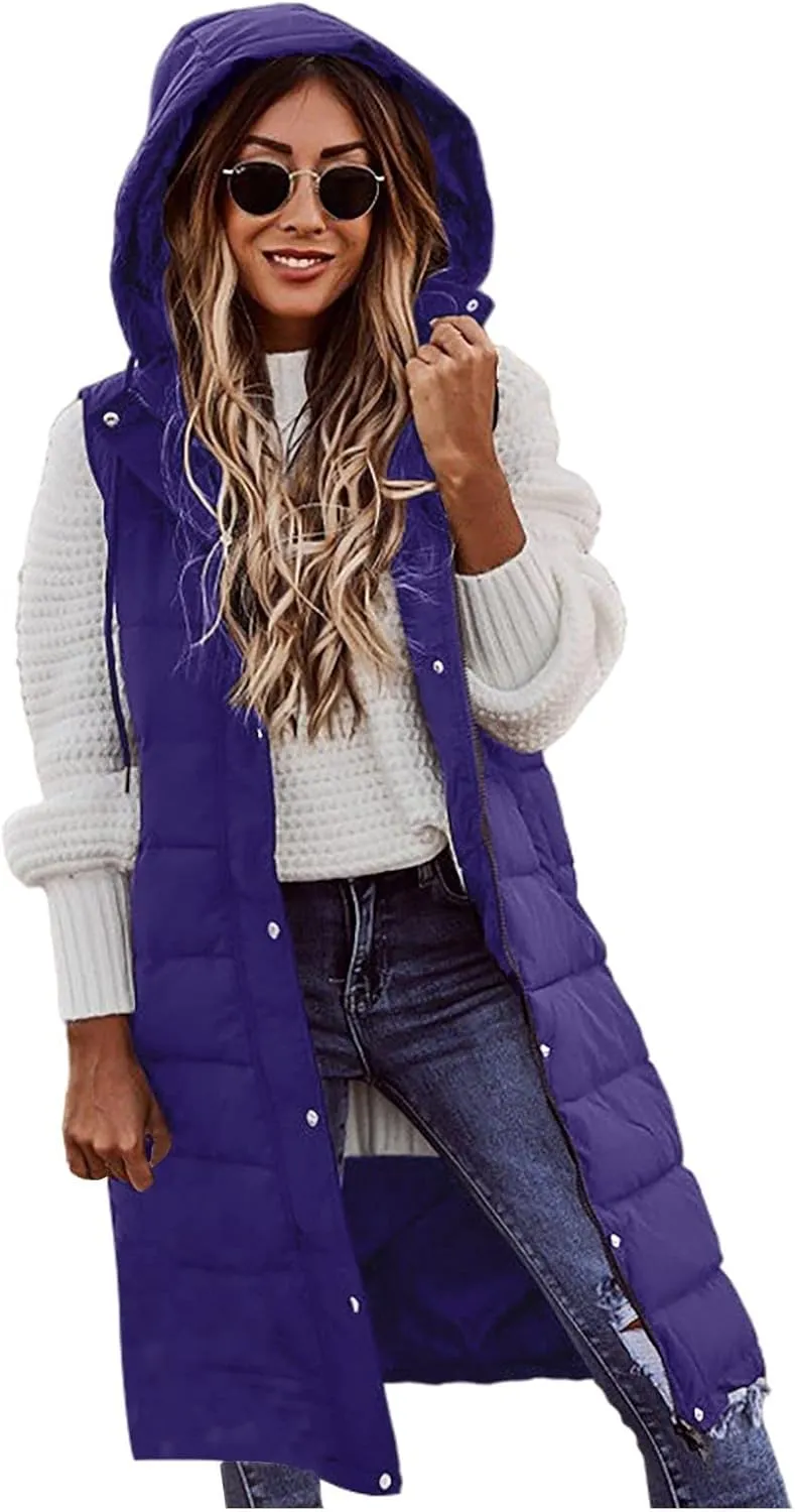 Women's Long Vest Sleeveless Lightweight Puffer Jacket Packable Hooded Down Coat Quilted Vest with Hood Winter