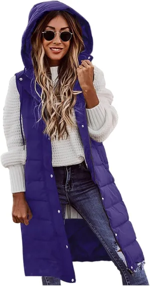 Women's Long Vest Sleeveless Lightweight Puffer Jacket Packable Hooded Down Coat Quilted Vest with Hood Winter