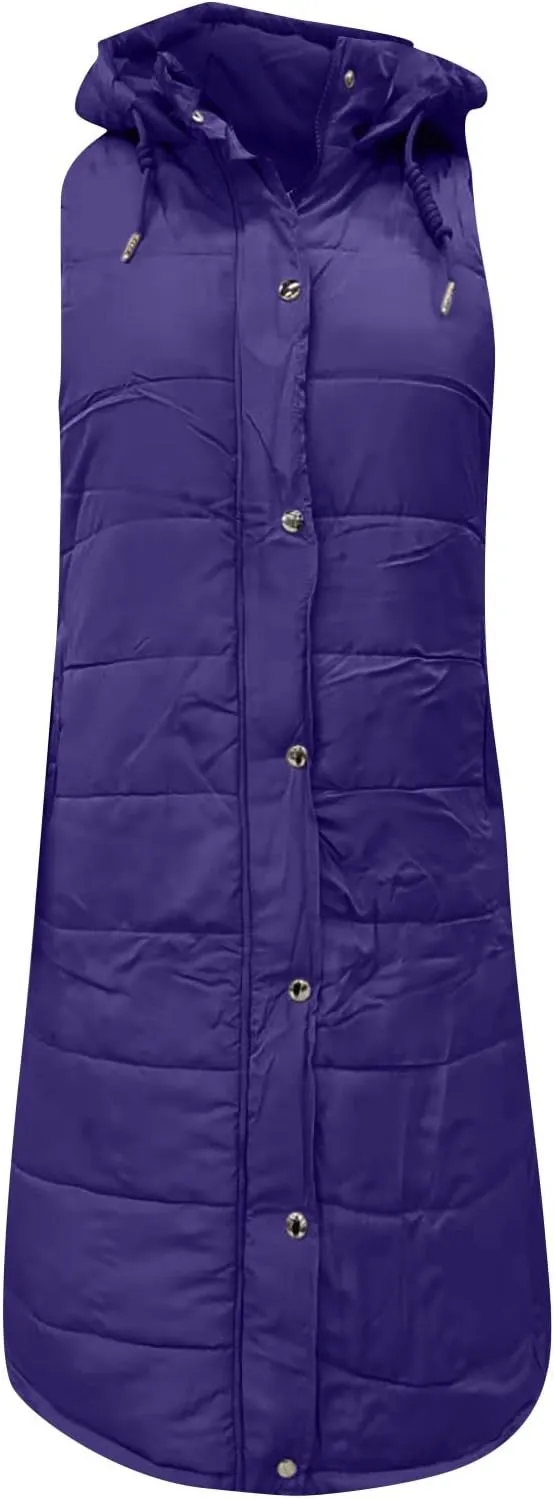 Women's Long Vest Sleeveless Lightweight Puffer Jacket Packable Hooded Down Coat Quilted Vest with Hood Winter