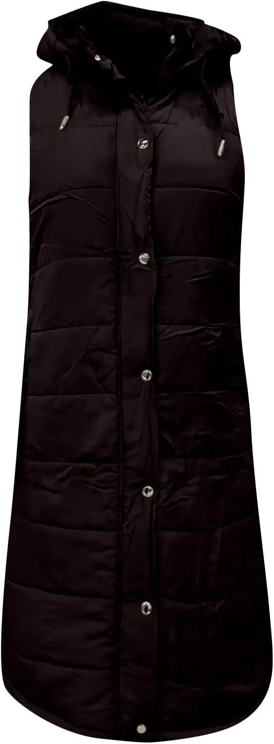 Women's Long Vest Sleeveless Lightweight Puffer Jacket Packable Hooded Down Coat Quilted Vest with Hood Winter