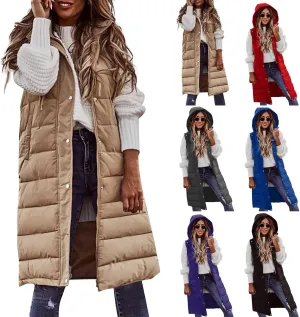 Women's Long Vest Sleeveless Lightweight Puffer Jacket Packable Hooded Down Coat Quilted Vest with Hood Winter
