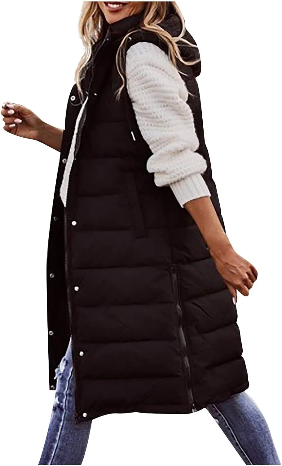 Women's Long Vest Sleeveless Lightweight Puffer Jacket Packable Hooded Down Coat Quilted Vest with Hood Winter
