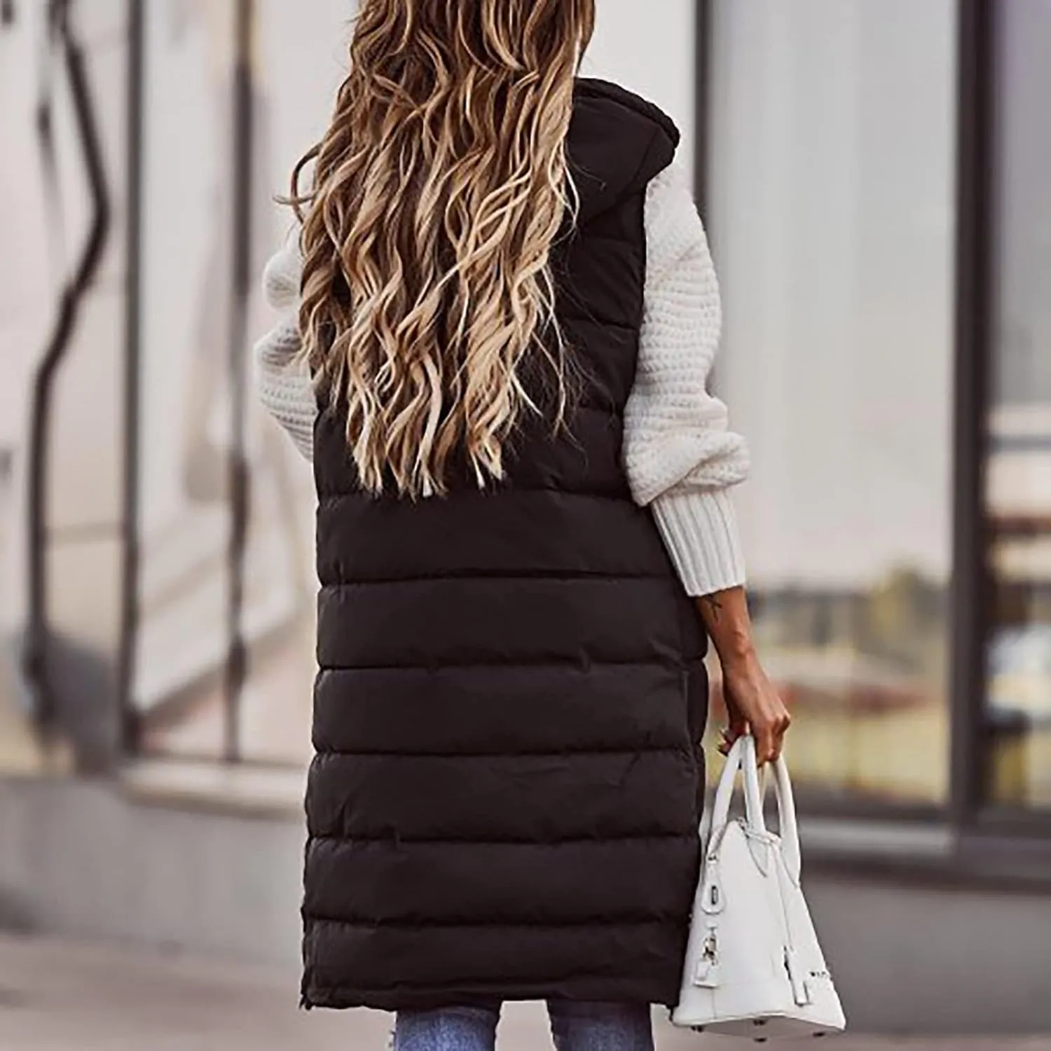 Women's Long Vest Sleeveless Lightweight Puffer Jacket Packable Hooded Down Coat Quilted Vest with Hood Winter
