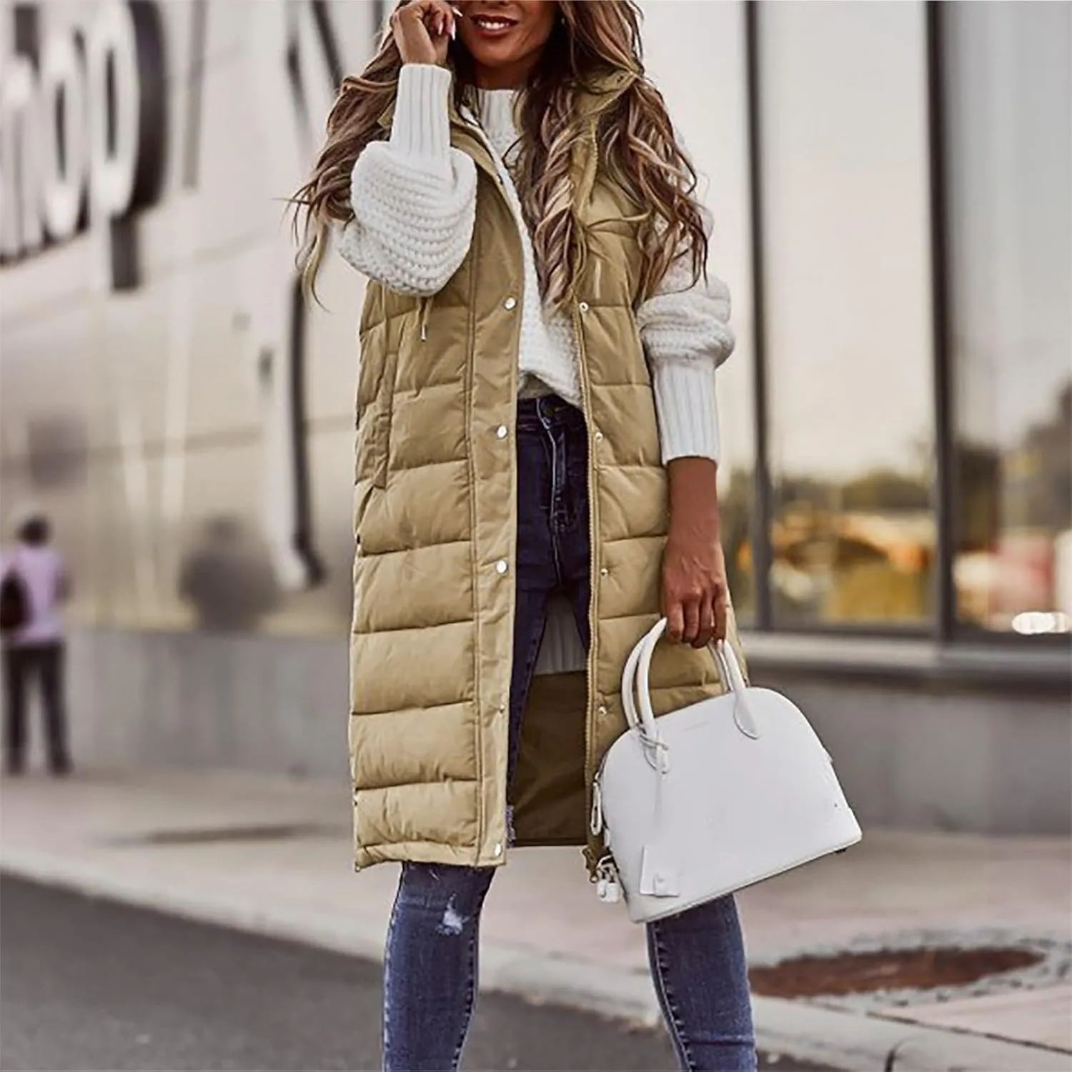 Women's Long Vest Sleeveless Lightweight Puffer Jacket Packable Hooded Down Coat Quilted Vest with Hood Winter