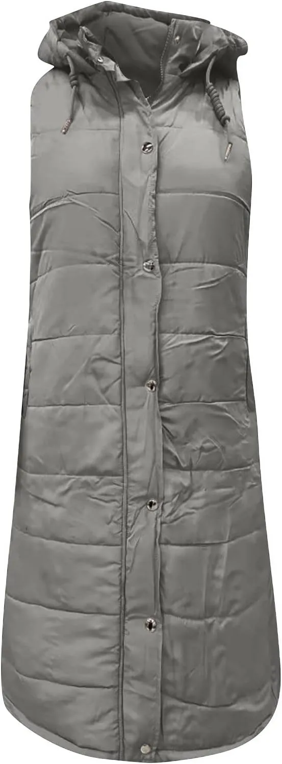Women's Long Vest Sleeveless Lightweight Puffer Jacket Packable Hooded Down Coat Quilted Vest with Hood Winter
