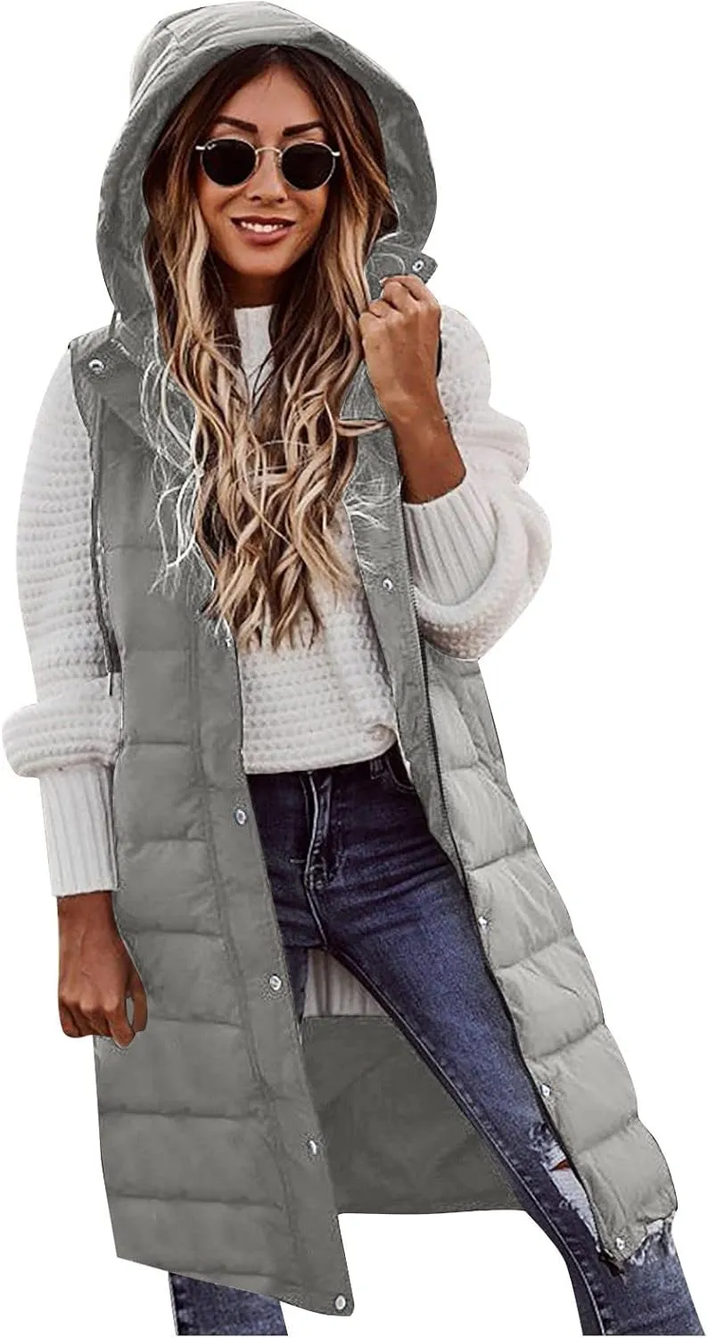 Women's Long Vest Sleeveless Lightweight Puffer Jacket Packable Hooded Down Coat Quilted Vest with Hood Winter