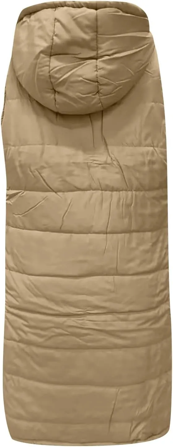 Women's Long Vest Sleeveless Lightweight Puffer Jacket Packable Hooded Down Coat Quilted Vest with Hood Winter