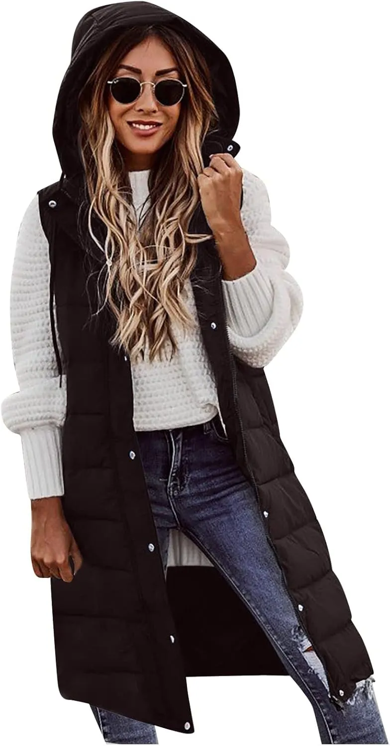 Women's Long Vest Sleeveless Lightweight Puffer Jacket Packable Hooded Down Coat Quilted Vest with Hood Winter