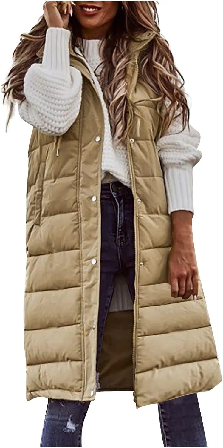 Women's Long Vest Sleeveless Lightweight Puffer Jacket Packable Hooded Down Coat Quilted Vest with Hood Winter