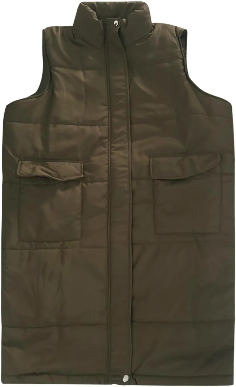 Women's Long Vest Sleeveless Lightweight Puffer Tactical Jacket Packable Flannel Hooded Down Coat Quilted Vest Tops