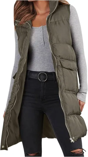 Women's Long Vest Sleeveless Lightweight Puffer Tactical Jacket Packable Flannel Hooded Down Coat Quilted Vest Tops