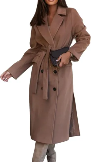 Womens Long Wool Blend Pea Coat Camel Notched Collar Double Breasted Outerwear Jacket