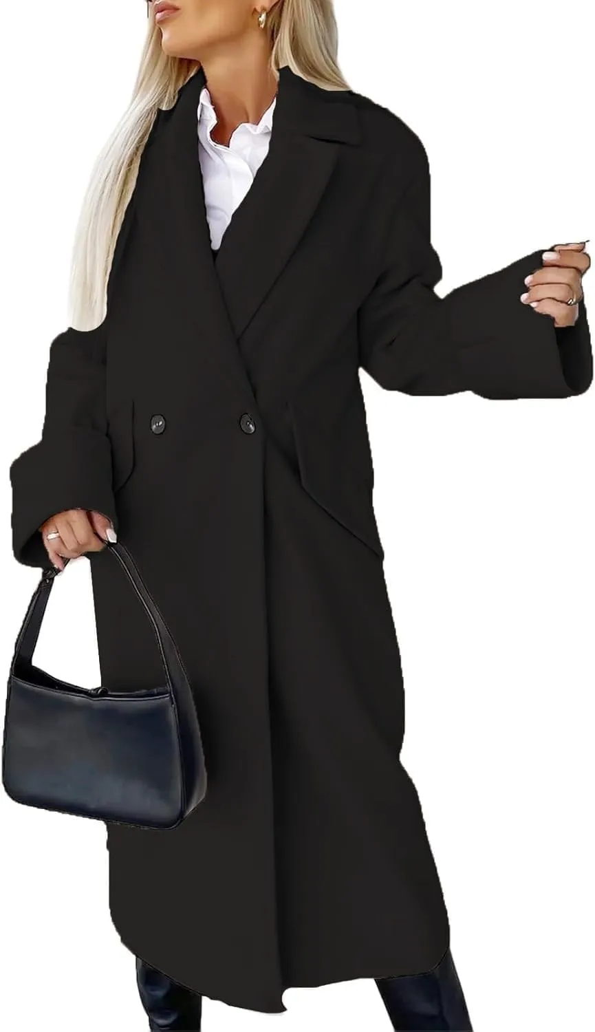Womens Long Wool Coat Double Breasted Trench Coat Fall Winter Thick Clothes with Pockets