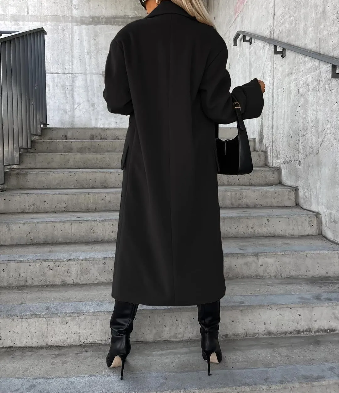 Womens Long Wool Coat Double Breasted Trench Coat Fall Winter Thick Clothes with Pockets