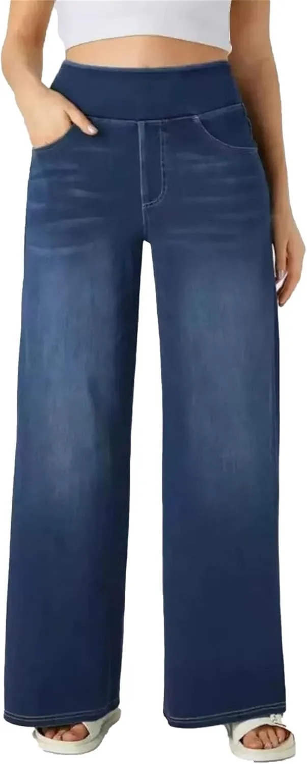 Women's Loose Fit High Waist Jeans Business Casual Pants Fashion Skinny Pocket Stretch Straight Jeans Solid Color