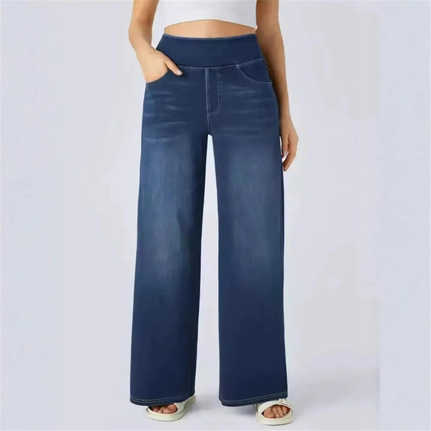 Women's Loose Fit High Waist Jeans Business Casual Pants Fashion Skinny Pocket Stretch Straight Jeans Solid Color