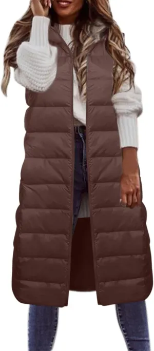 Womens Maxi Long Quilted Puffer Coats Vests with Hood Zipper Down Jacket Plus Size Slim Sleeveless Winter Padded Coat