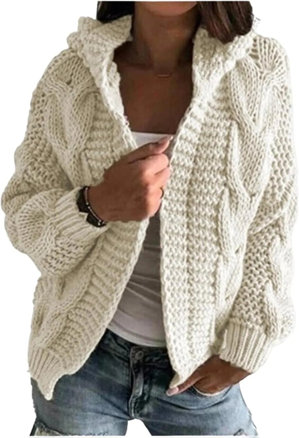 Womens Open Front Cardigan Sweaters Fall Winter Long Sleeve Chunky Cable Knit Cardigans Cropped Twist Sweater Coats
