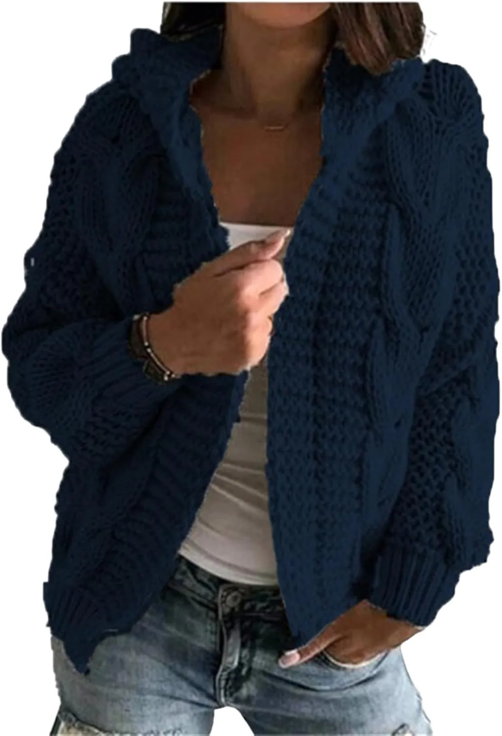 Womens Open Front Cardigan Sweaters Fall Winter Long Sleeve Chunky Cable Knit Cardigans Cropped Twist Sweater Coats
