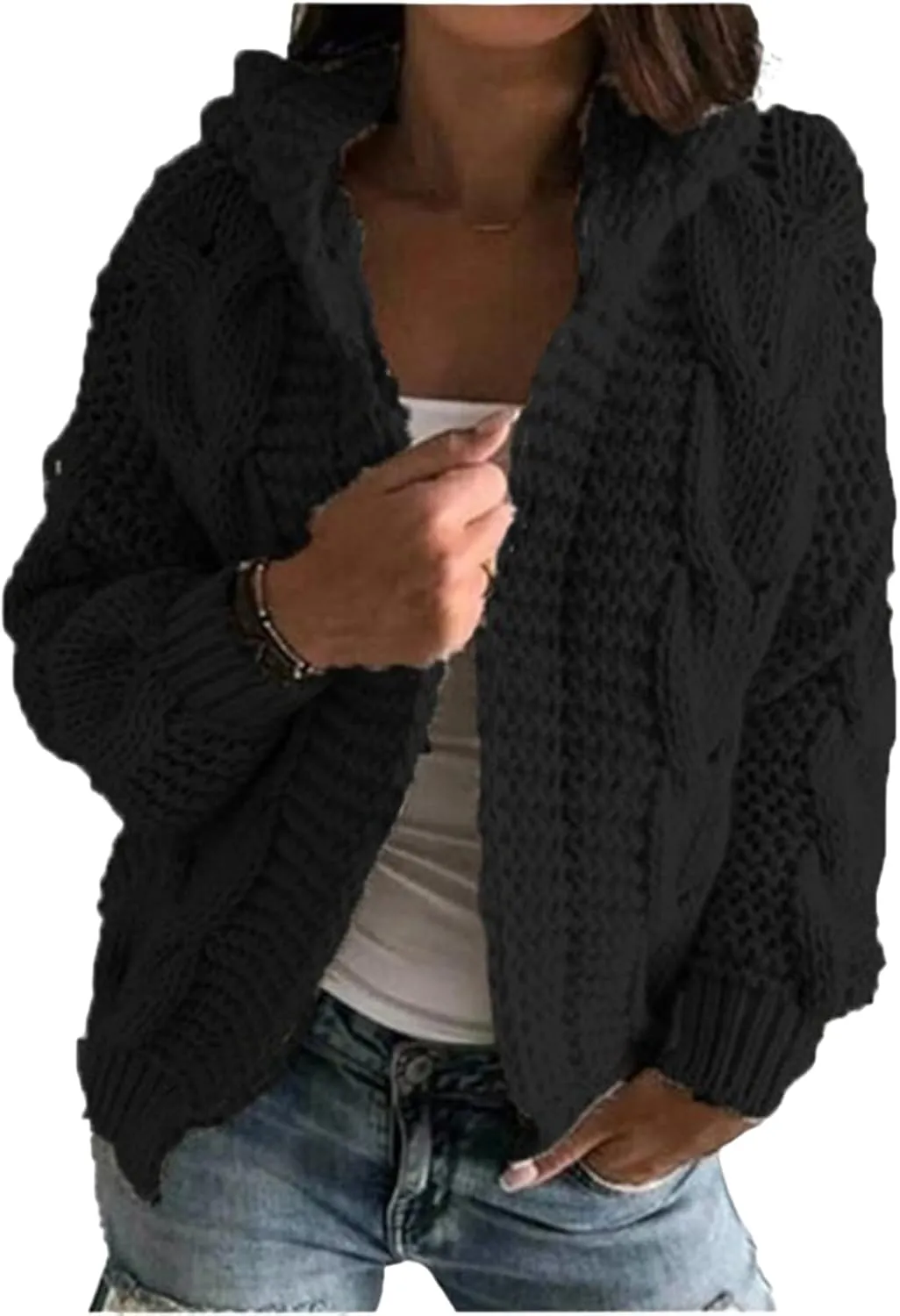 Womens Open Front Cardigan Sweaters Fall Winter Long Sleeve Chunky Cable Knit Cardigans Cropped Twist Sweater Coats