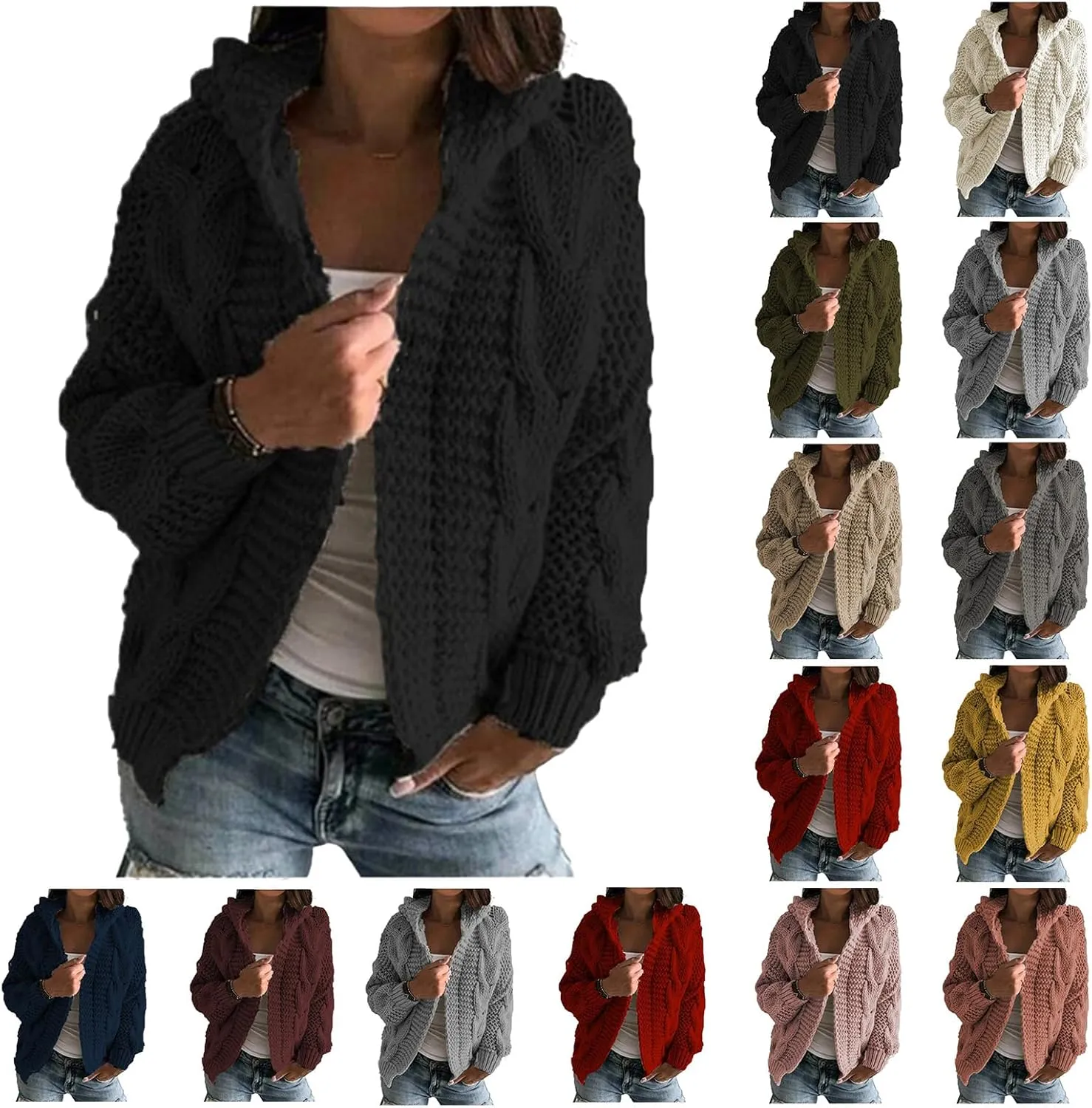 Womens Open Front Cardigan Sweaters Fall Winter Long Sleeve Chunky Cable Knit Cardigans Cropped Twist Sweater Coats