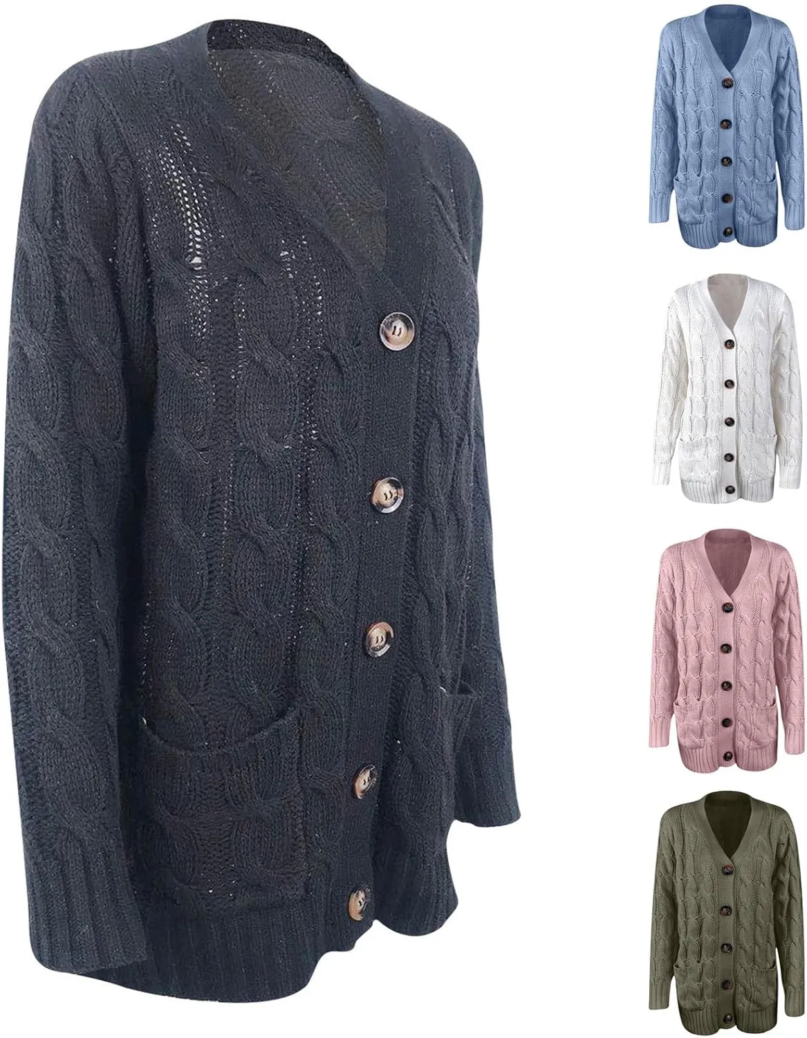 Women's Oversized Chunky Cable Knit Cardigan Sweaters 2024 Fall Open Front Button Knitwear Cardigans Outfits Pockets