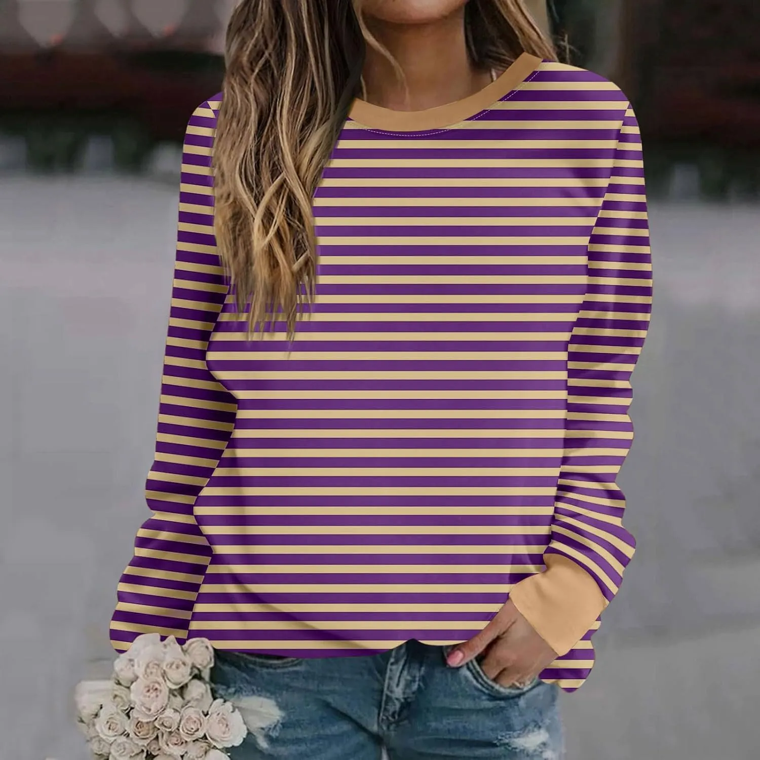 Womens Oversized Hoodless Sweatshirts Striped Long Sleeve Crewneck 2024 Trendy Fall Outfits Pullover Y2K Tops