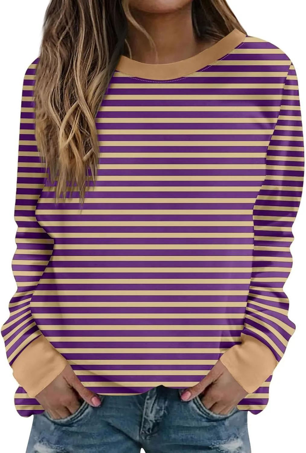 Womens Oversized Hoodless Sweatshirts Striped Long Sleeve Crewneck 2024 Trendy Fall Outfits Pullover Y2K Tops