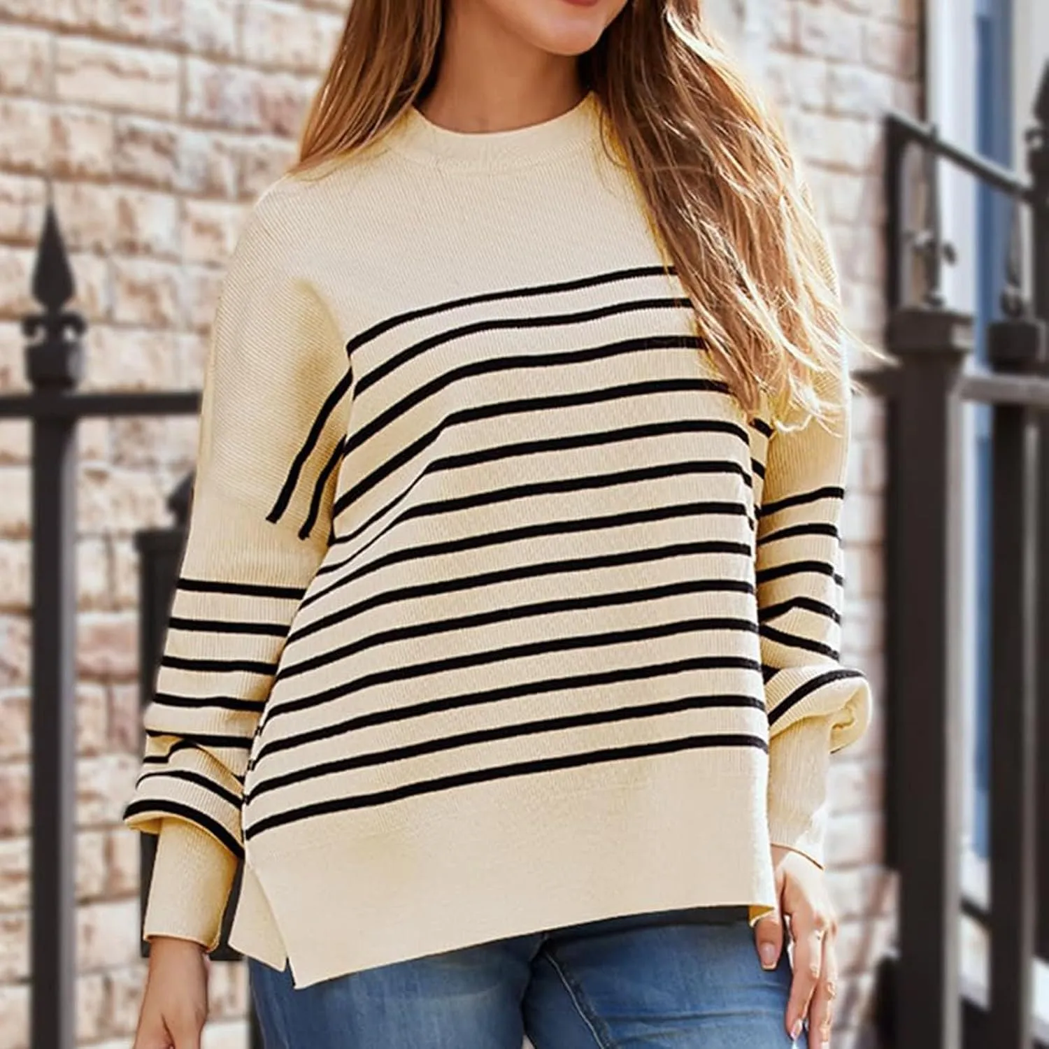 Women's Oversized Sweaters 2024 Fall Outfits Crewneck Ribbed Knit Side Slit Trendy Striped Pullover Tops Winter Warm